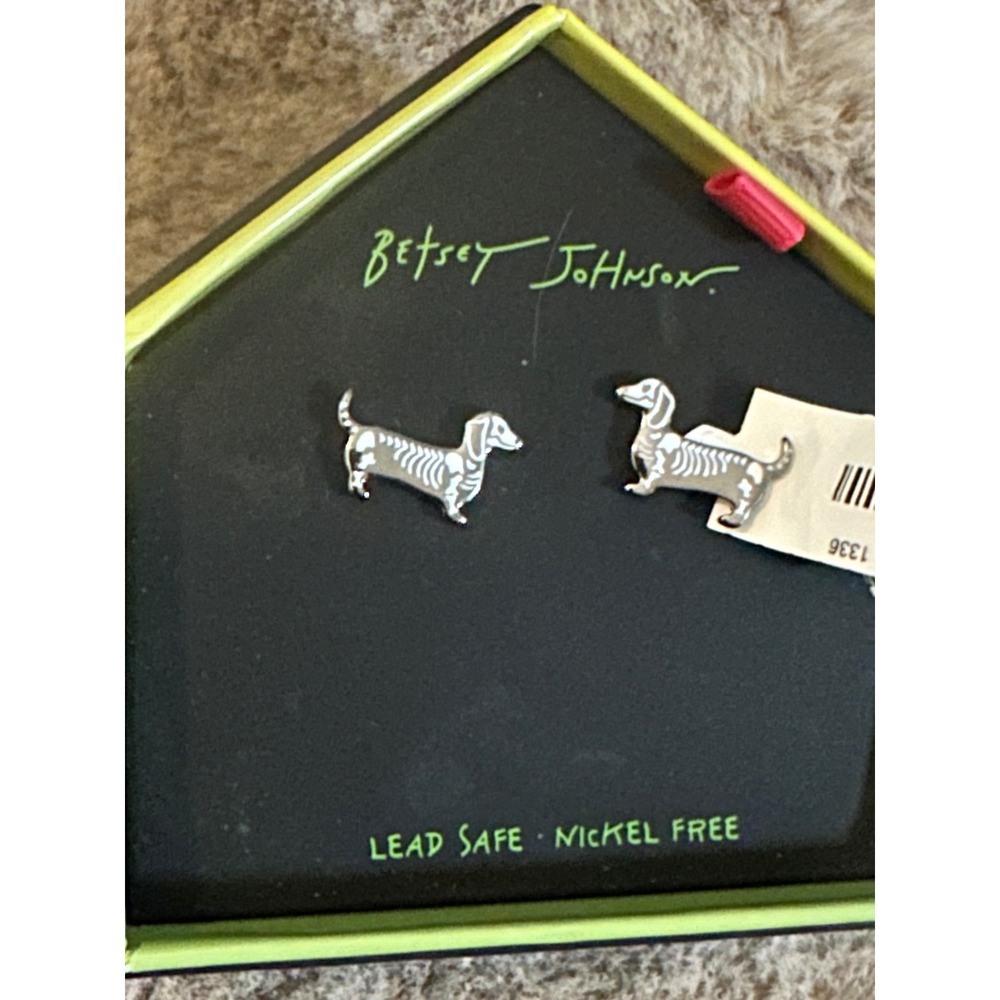 Betsey Johnson Skeleton Dachshund Stud Earrings Halloween Wiener Dog Silver Tone
